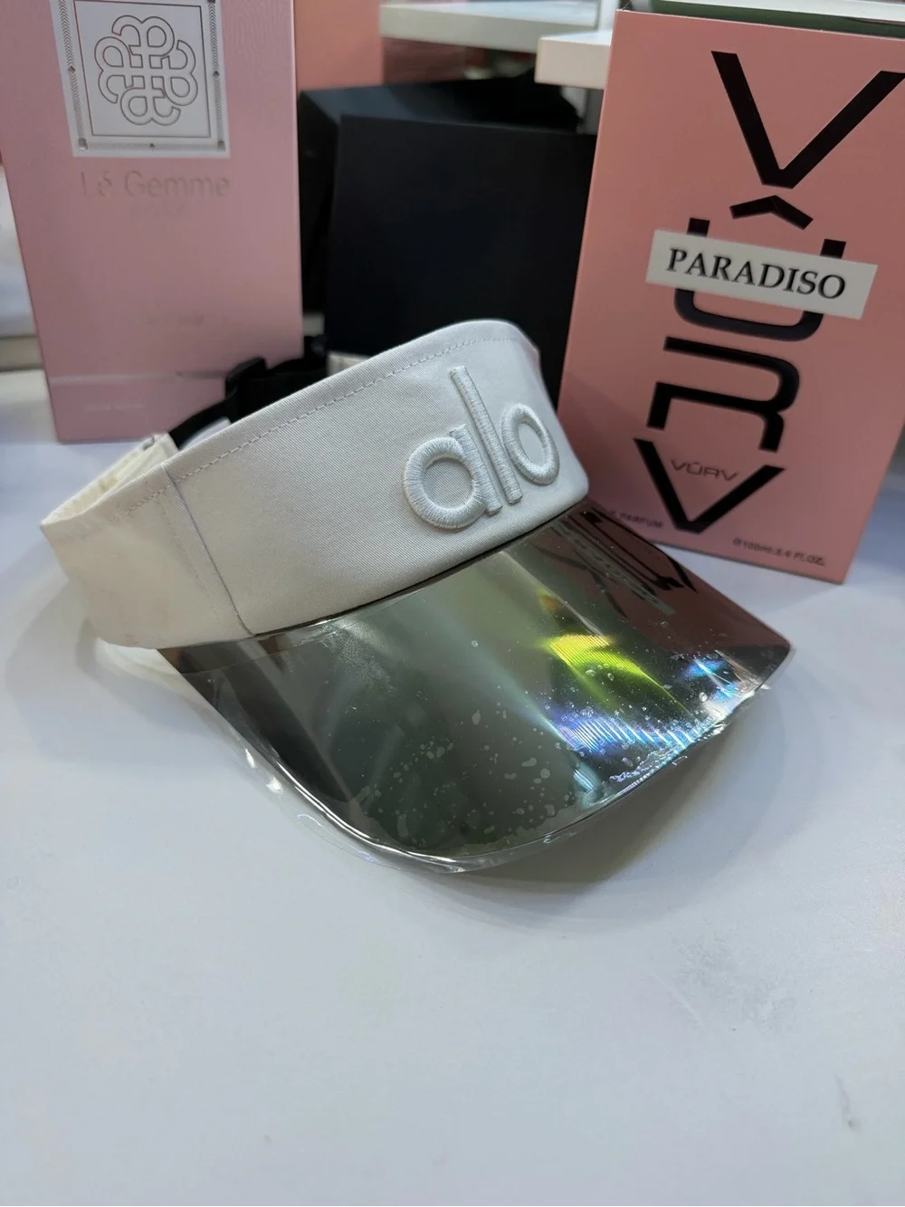 ALO Yoga White Visor with Silver Mirrored Brim